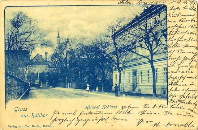 Zamek Piastowski w Raciborzu.
Widok na raciborski Zamek na pocztówce wysłanej 10 kwietnia 1899 r.