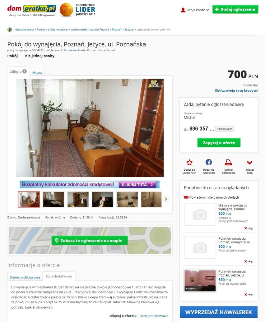 Pokój na Jeżycach. Koszt wynajmu: 700 zł na miesiąc + opłaty...