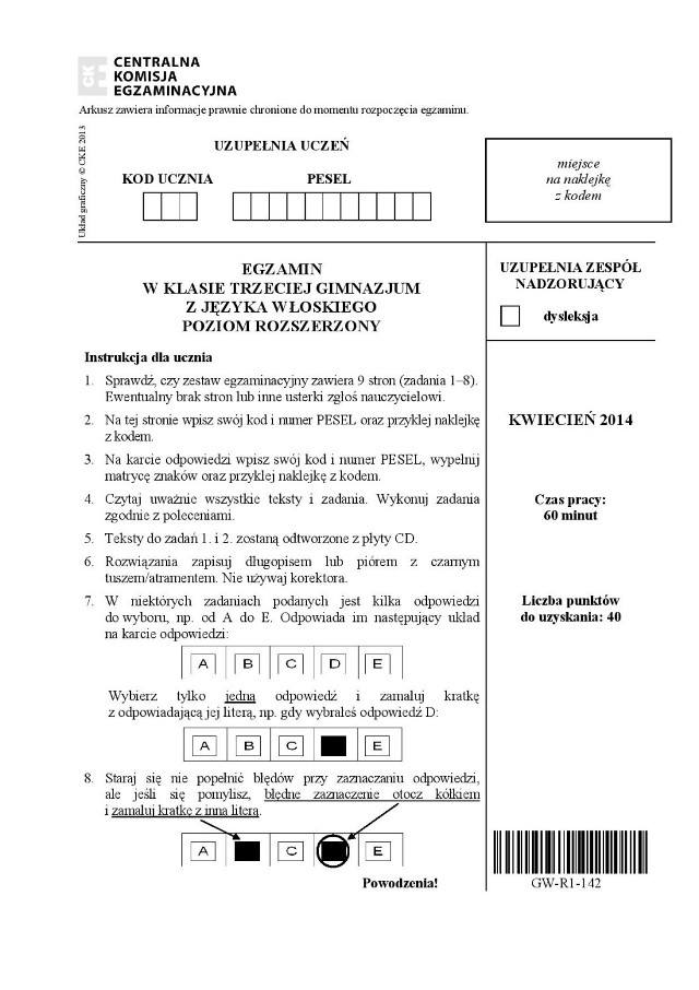 Egzamin gimnazjalny 2014 - język włoski, poz. rozszerzony.