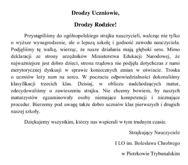 Nauczyciele I LO w Piotrkowie zawiesili strajk. W czwartek, 25 kwietnia, w szkole odbędą się już normalnie lekcje.