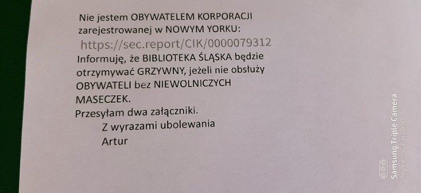 Przeciwnicy maseczek atakują Bibliotekę Śląską. Zasypują pracowników napastliwymi mejlami
