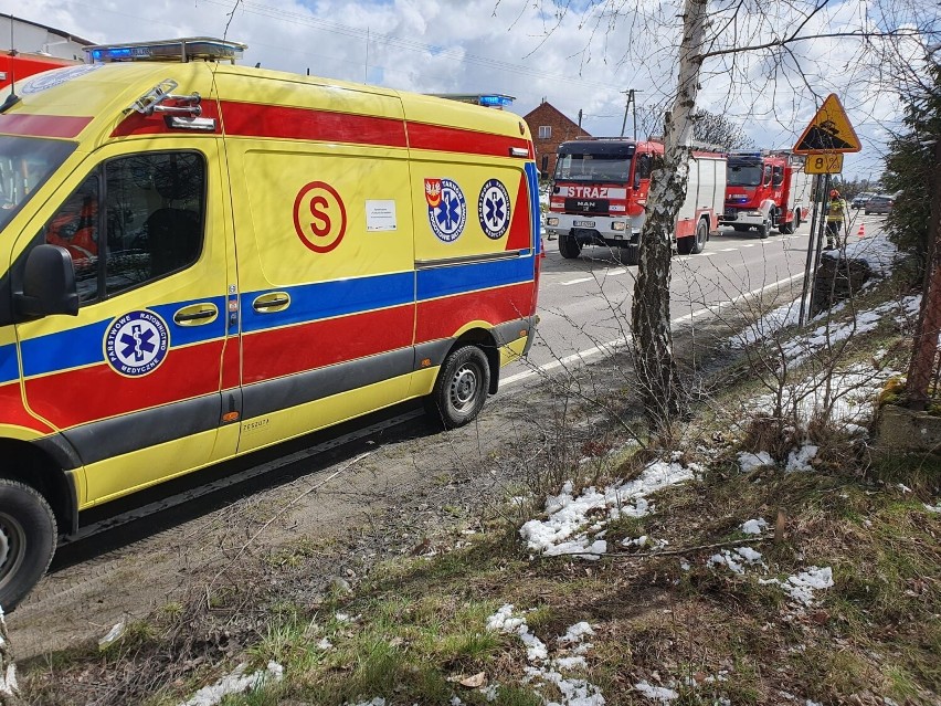 Wypadek na DW 977 pod Tarnowem. W Zabłędzy peugeot zjechał z drogi i uderzył w drzewo. W akcji była straż pożarna, pogotowie i policja