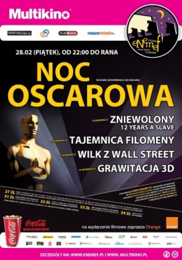 Noc Oscarowa w Multikinie już 28 lutego. 
 
Będzie można zapoznać się z filmami, które mają największe szanse na zdobycie statuetek Oskara. 
 
28 lutego od 22.00 do samego rana uczestnicy zobaczą cztery nominowane do Oscarów filmy: „Zniewolony. 12 Years a Slave”, „Tajemnica Filomeny”, „Wilk z Wall Street” oraz „Grawitacja 3D”.