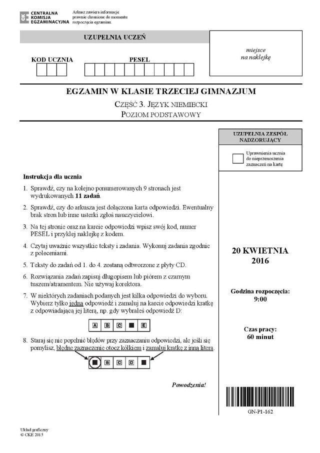 Egzamin gimnazjalny 2016: Niemiecki poziom podstawowy [ODPOWIEDZI, ARKUSZ CKE]