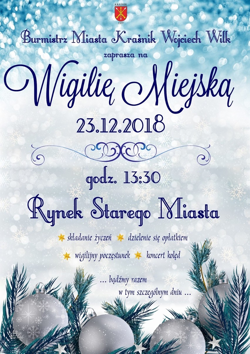 Wigilia miejska w Kraśniku - mieszkańcy spotkają się, by wspólnie podzielić się opłatkiem i uczcić święta Bożego Narodzenia