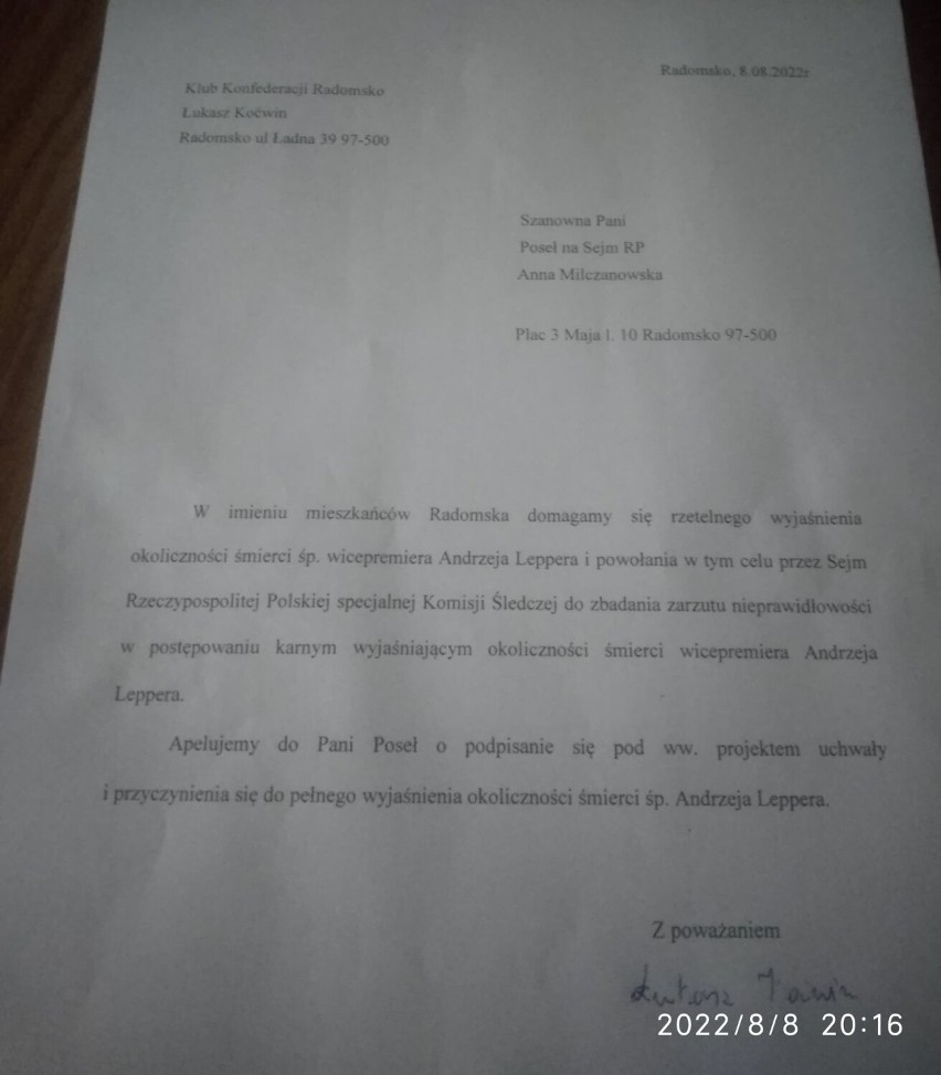 Konfederacja chce komisji śledczej ws. śmierci Andrzeja Leppera. Klub z Radomska zwrócił się do poseł Anny Milczanowskiej