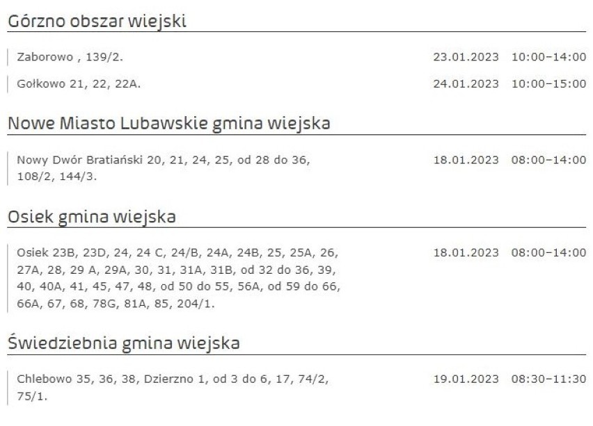 Tu nie będzie prądu w Kujawsko-Pomorskiem [miasta, gminy - 18.01.2023]