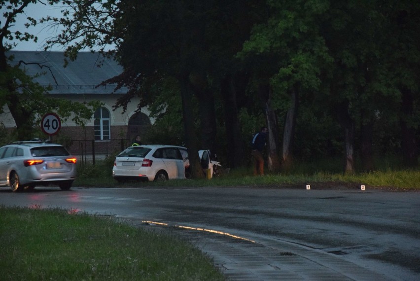 Malbork. Wypadek na DK 55 u zbiegu ul. Głowackiego i 500-lecia [ZDJĘCIA]. Kierowca trafił do szpitala po uderzeniu w drzewo