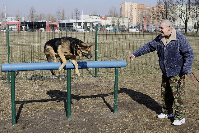 Roman Tomera przychodzi ze swym owczarkiem na wybieg przy ul. Opolskiej