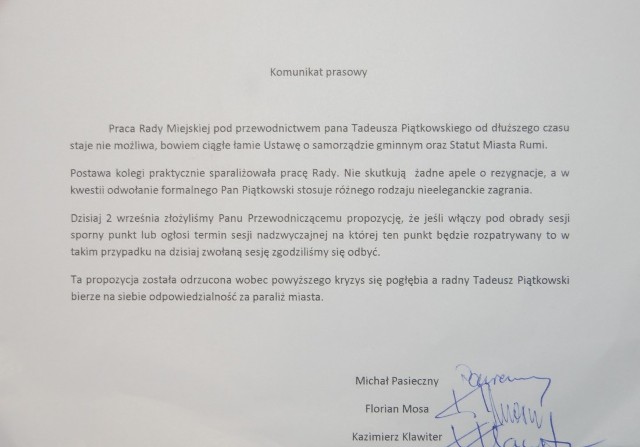 Odwołanie Tadeusza Piątkowskiego: Oświadczenie trójki radnych