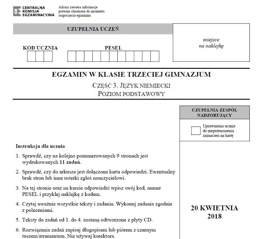 EGZAMIN GIMNAZJALNY 2018. Język niemiecki poziom podstawowy - arkusze CKE i odpowiedzi [20.04.2018]