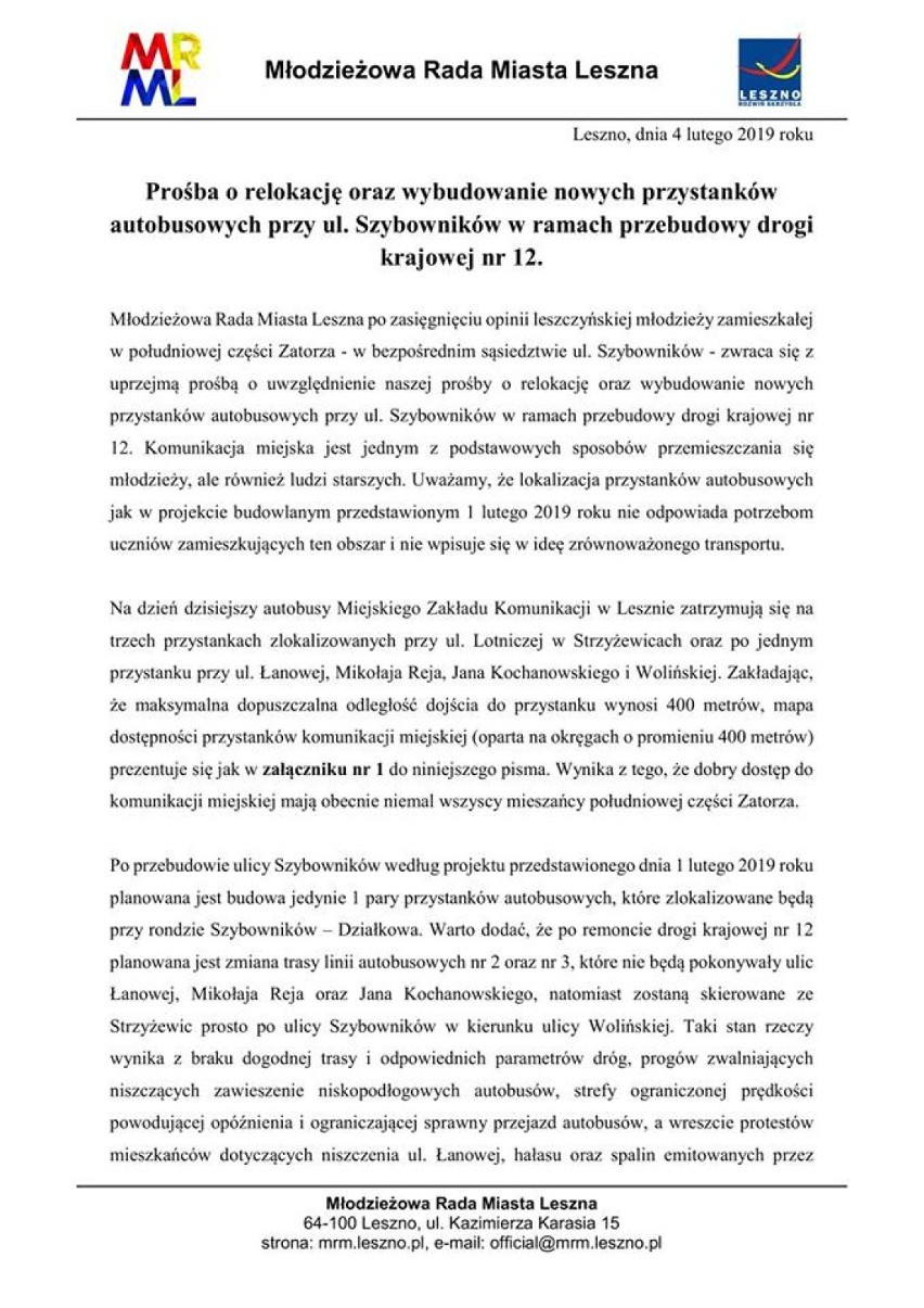 Pismo Młodzieżowej Rady Miasta Leszna w sprawie przystanków na Szybowników