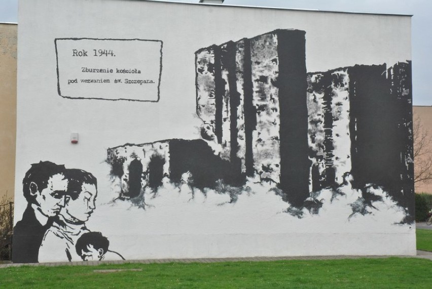 Mural przy ul. Poniatowskiego w Lesznie przedstawia fragment...