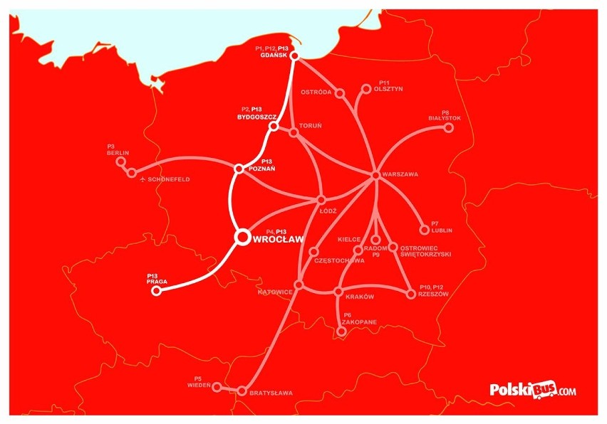 Trasa Linii P13 Wrocław-Praga, Wrocław-Gdańsk