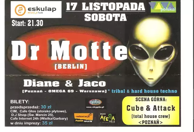 Ulotka reklamująca wizytę w klubie "Eskulap" Dr. Motte – założyciela i supergwiazdę berlińskiej "Loveperade".