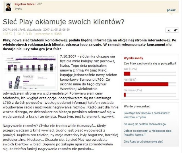 Materiał &quot;Sieć Play okłamuje swoich klientów?&quot;, dzięki któremu Play zmieniło swoją decyzję