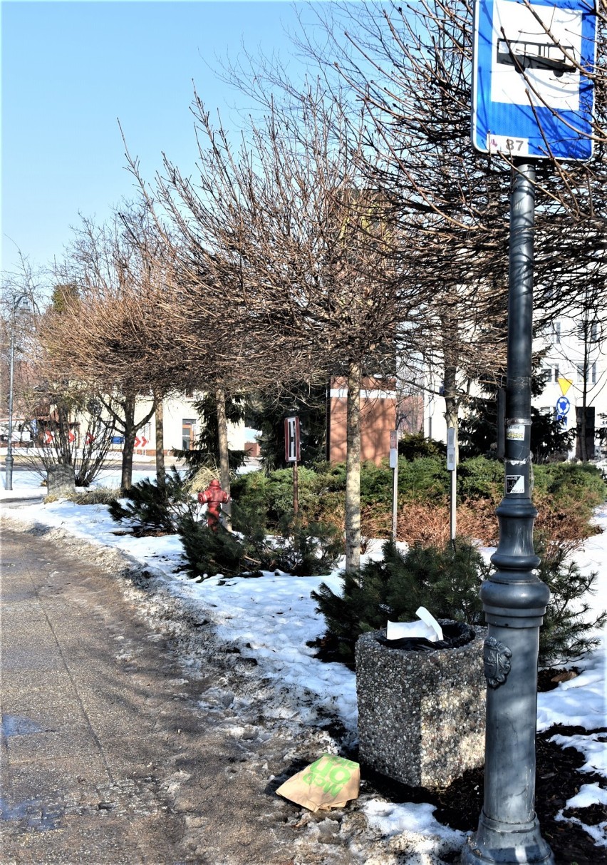 Malbork. Brudne ulice w centrum miasta. Śmieci pozostawione są w reprezentacyjnych punktach i wychodzą spod topniejącego śniegu