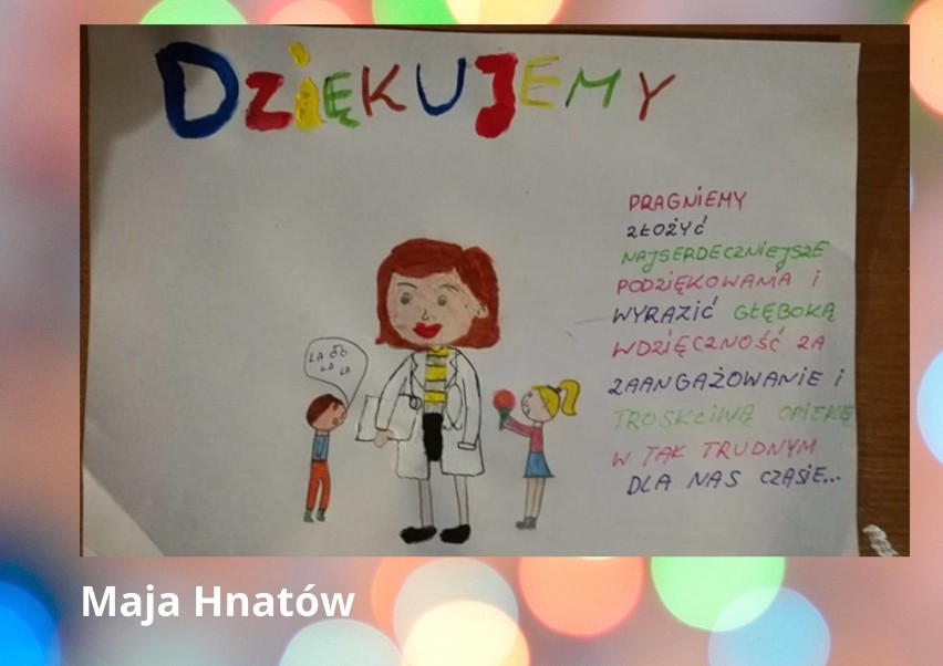 Kartki dla medyków od małych czytelników z Biblioteki Szkoły Podstawowej im. Jerzego Badury w Międzyborzu 