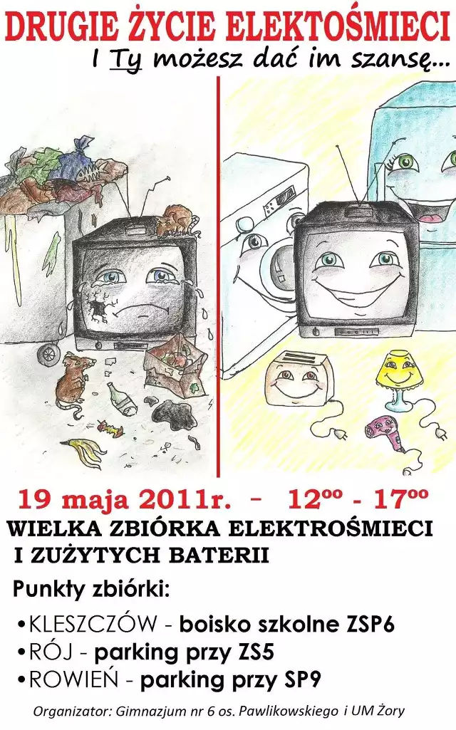 plakat wydrukowany przy pomocy Urzędu Miasta Żory promujący zbiórkę elektrośmieci