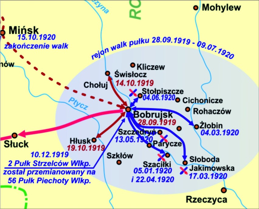 Mapka z przebiegu walk 56. Pułku Piechoty Wielkopolskiej.