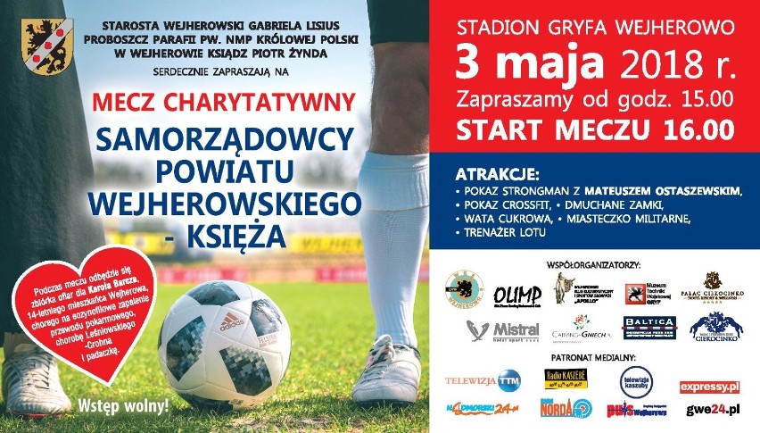 3 maja w Wejherowie. Samorządowcy powiatu zagrają z duchownymi w charytatywnym meczu na stadionie Gryfa Wejherowo