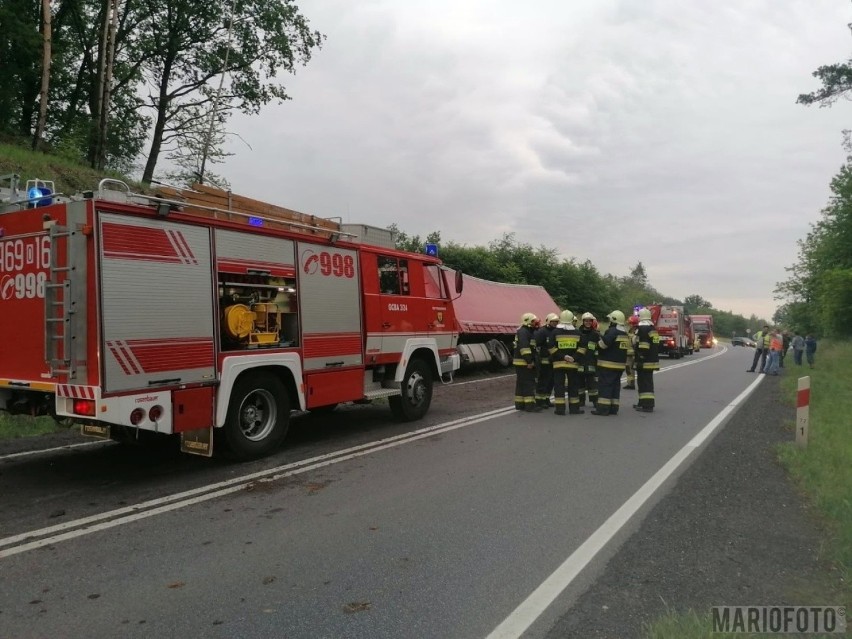 Wypadek w Malerzowicach Wielkich na krajowej 46. Ciężarówka zjechała z drogi i przewróciła się na bok