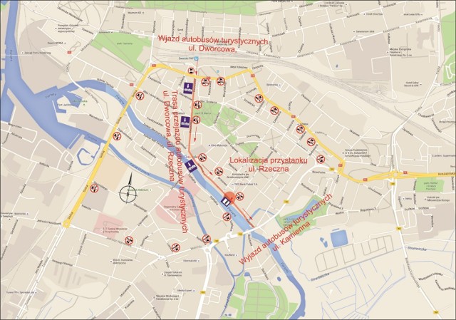 Mapka ilustrująca nowe zasady poruszania się autokarów poo ścisłym centrum