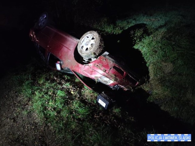 Dachowanie auta. Kierowca zderzył się z dziką zwierzyna i był pod wpływem narkotyków