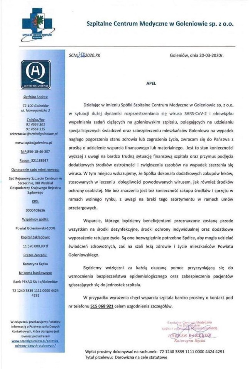 Dramatyczna sytuacja szpitala w Goleniowie. Brakuje pieniędzy nawet na środki dezynfekcyjne