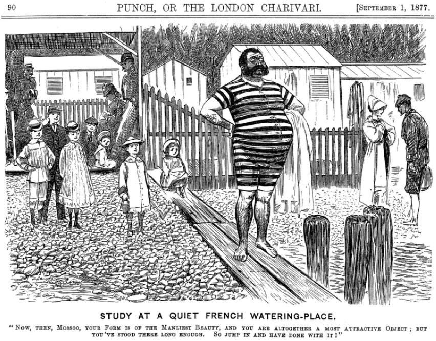XIX-wieczny męski kostium kąpielowy, karykatura z „Puncha”, 1877 rok