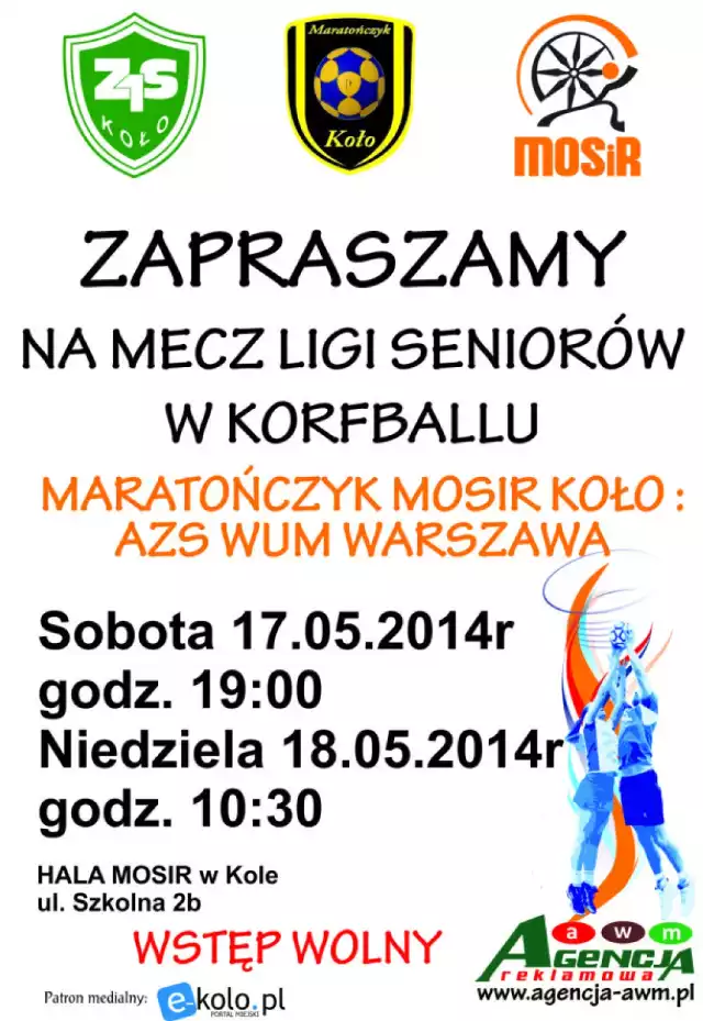 Koło. Imprezy na weekend 16-18 maja 2014

Liga Seniorów w Korfballu
Hala sportowa MOSiR w Kole
Maratończyk MOSiR Koło zmierzy się z drużyną AZS WUM Warszawa. Pierwszy mecz w sobotę o godz. 19.00. Drugie spotkanie, dzień później - 18 maja - o godz. 10.30.