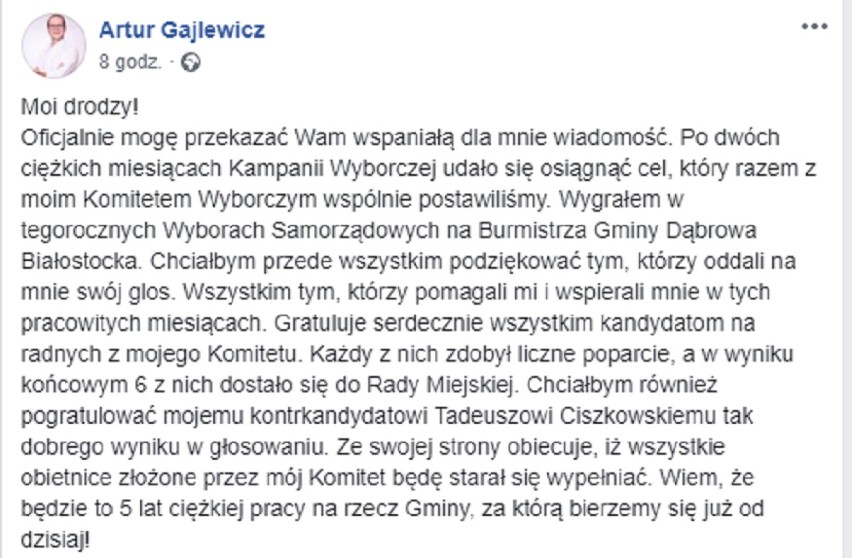 Wybory samorządowe 2018. Prowadzili kampanię na FB, teraz tam dziękują wyborcom (screeny)