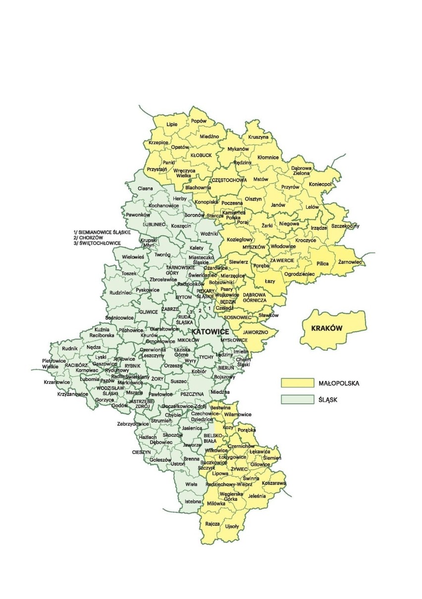 Mapa województwa śląskiego z zaznaczonym terenem Małopolski