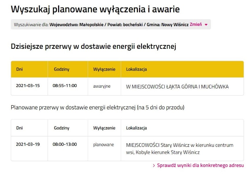 Wyłączenia prądu w powiecie bocheńskim, 15-19.03.2021
