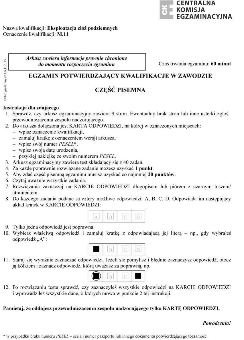 Egzamin Zawodowy 2015: Eksploatacja złóż podziemnych [ARKUSZE, odpowiedzi, pisemna i praktyczna]