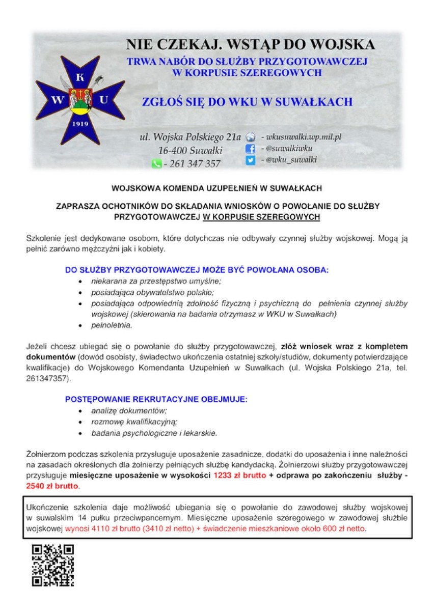 Wojskowa Komenda Uzupełnień w Suwałkach prowadzi rekrutację chętnych do pracy w pułku