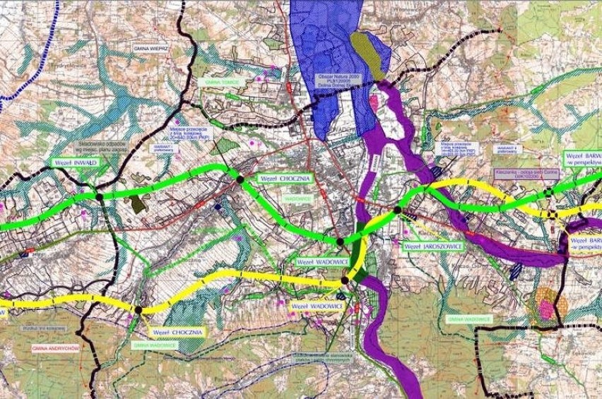 Plan budowy BDI, trasa przez Wadowice