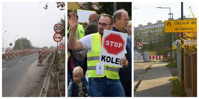 Na zdjęciu od lewej: zwężony most na Trasie Warszawskiej w Koninie, protest przeciwko linii kolejowej Konin-Turek w Brzeźnie i zamknięty przejazd kolejowy w Koninie (przed ustawieniem betonowej bariery).
