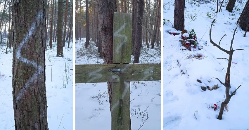 Chałupy: wandal ze sprejem zniszczył grób nieznanego żołnierza. Ktoś w lesie skopał znicze, zerwał figurkę i wyrzucił krzyż | ZDJĘCIA