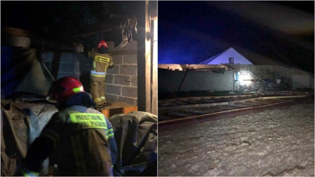 Strażacy zostali wezwani do zerwanego dachu na budynku gospodarczym w Radgoszczy.  Ich działania polegały na uprzątnięciu porozrzucanych elementów dachu oraz przykryciu budynku plandeką