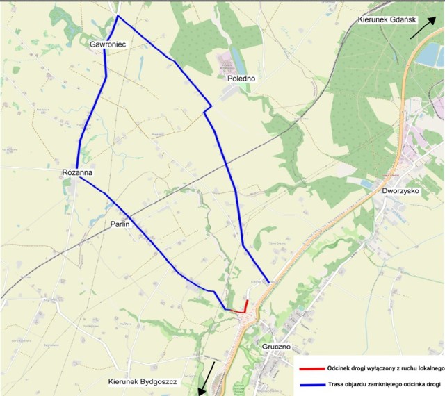 Tak wygląda objazd między Grucznem a Parlinem, który ma obowiązywać do czerwca 2022 roku