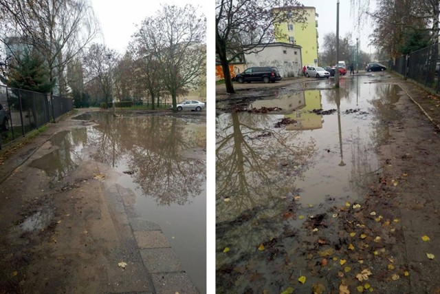 -  Przy samej szkole tworzy się rozlewisko, na którym latem już kaczki pływały... - opisuje nasz Czytelnik stan chodnika przy ul. Waryńskiego i przesyła powyższe zdjęcia