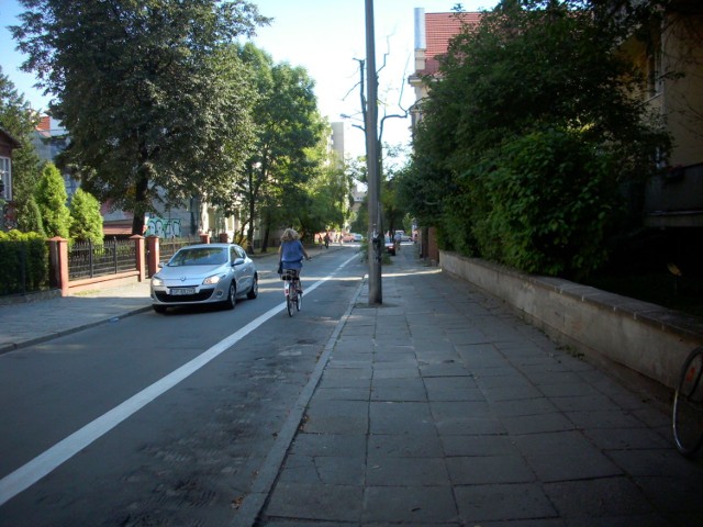 Auta jadą sobie jednokierunkową ulicą Matejki swoim pasem, a rowerzyści zmierzający "pod prąd" swoim.