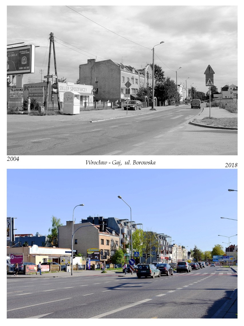 Gaj, ulica Borowska. Rok 2004 i 2018
