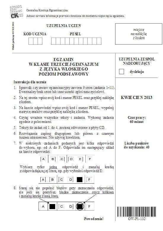 Egzamin gimnazjalny 2013: język włoski. poziom podstawowy [ARKUSZE, WYNIKI, ODPOWIEDZI wkrótce]