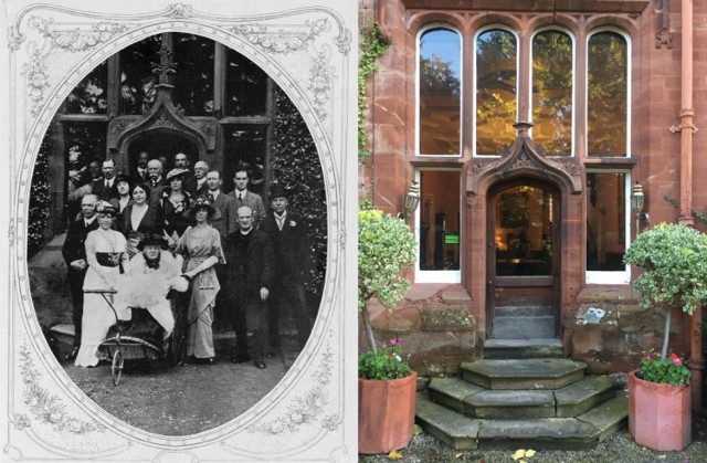 To samo wyjście na ogrody zamku Ruthin w roku 1914 i 2019. Z prawej strony swojej babci na wózku stoi księżna Daisy.