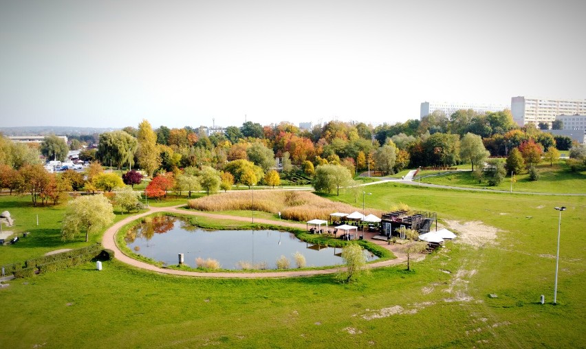 Park Cegielnia w Żorach z lotu ptaka.