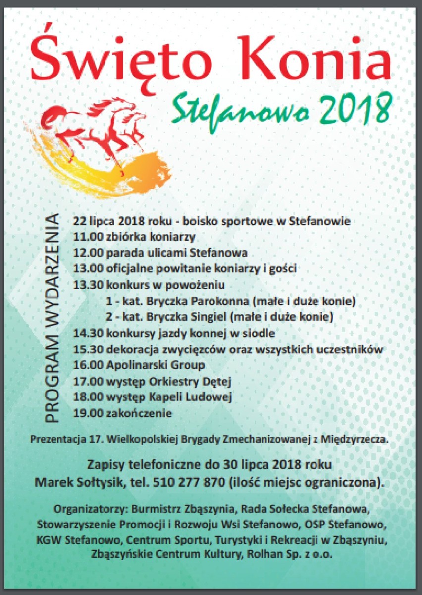 Święto Konia Stefanowo 2018, w najbliższą niedzielę 22 lipca na boisku sportowym w Stefanowie