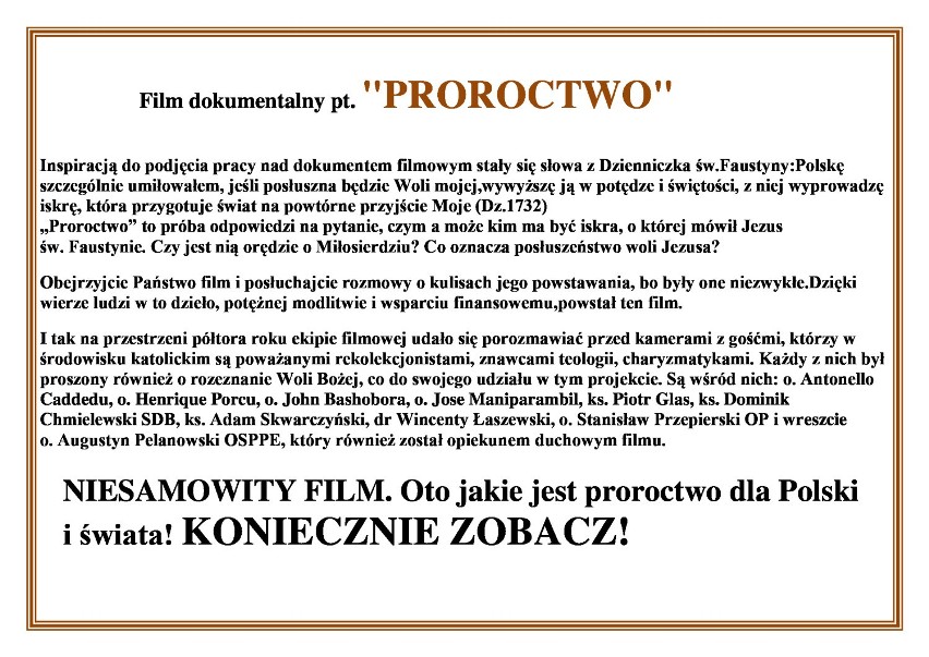 Kino Parafialne w domu katolickim, zaprasza na film "PROROCTWO" 