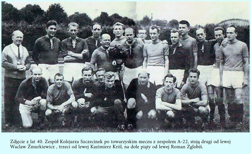 Lata 40. XX wieku, stadion w Szczecinku, zespół Kolejarza...